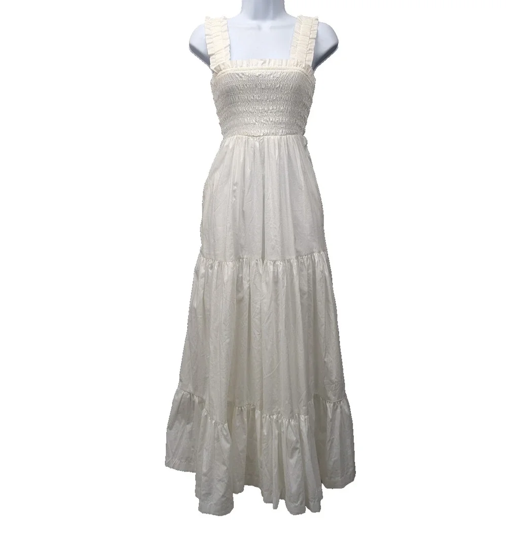 Abercrombie & Fitch Smocked Maxi Dress Womens XS Petite White Tiered Minimalist